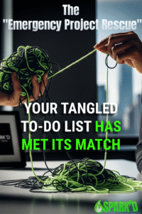 The Emergency Project Rescue image has a tangled ball of neon green and black yarn in one hand while another hand pulls a string to begin untangling. "Your Tangled To-Do List Has Met Its Match"