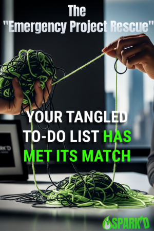 The Emergency Project Rescue image has a tangled ball of neon green and black yarn in one hand while another hand pulls a string to begin untangling. "Your Tangled To-Do List Has Met Its Match"