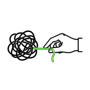 Image has a tangled ball of black yarn while a hand pulls a neon green string to begin untangling to convey establishing order in chaos.