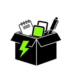 an icon of a black box with office contents. black, white, and neon green